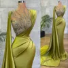 2023 Arabic Prom Dresses Lemon Green Satin Mermaid Sheer Mesh Top Sequin Beads Crystal Ruched Formal Occasion Wear Gold Hunter Sheer Neck Sweep Train Evening Gowns