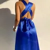 Robes décontractées femmes élégant Satin taille élastique français jarretelle jupe longue robe 2023 col en V dos nu soirée Vestidos