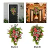 Decorative Flowers Christmas Teardrop Wreath With Bowknot & Baubles For Fireplace Home Party