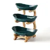 Plates 2X 3 Tiers Fruit Plate With Wood Holder Candy Kitchen Organizer Rack Party Serving Display Tray Green