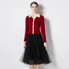 Casual Kleider Herbst Gestrickte Pullover Frauen Drehen Unten Kragen Mesh Patchwork Kleid Langarm Damen Büro Arbeit Midi