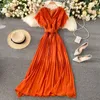 Casual Kleider Frauen Sommer Französisch Vintage Midi Kleid mit Gürtel Puff Kurzarm Büro Dame Elegante Weibliche 2023 Chiffon Plissee kleidung