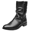 Boots Men Winter Black Pointed Toe Leather Fashion Plus Velvet Warm Motorcycle Autumn Shoes