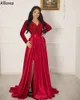 Red Sequined Long Sleeve Prom Dresses A Line V Neck Elegant Satin Skirt Arabic Aso Ebi Formal Party Evening Gowns Sexy Side Split Women Special Occasion Dress CL1671