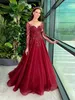 Luxe kralen Bourgondische avondjurken Lange mouwen Sheer Sweetheart Neck A Line Prom Party Jurken Women Elegant Formal Dress Court Train