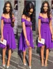Krótkie fioletowe sukienki druhny 2020 Szyfonowy kraj z ramion peplum bez pleców Maid of Honor sukienki na niestandardowe plus size ślub G4692501