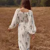 Casual klänningar jastie kvinnor maxi klänning broderi blommigt tryck långärmad fyrkantig hals boho strand kvinnlig vestidos 2023 våren