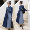 Casual Dresses Autumn Spring Women Turn-Down Collar Single Button Patchwork Rands Sashes Slim Jeans For Weals Denim One-Piece