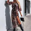 Casual Dresses Floral Print Off Shoulder Women Lantern Sleeve Ruffle Split Long Dress Elegant Lady Office Pleated A-Line