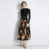 Vestidos casuais moda moda simples malha sólida retalhos floral qualidade de outono dourado amarelo flor feminina plissas plissadas com cinto