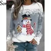 Women's TShirt 3D Effects Christmas Snowman Cartoon Print Tshirt Vintage O Neck Long Sleeves Loose Female Clothes Basic Lady Tops Tees 230110