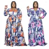 Plus-klänningar WSFEC L-5XL 2023 Fall Outfits Women Clothing Fashion Printing Long Sleeve V Neck Lose Party aftonklänning