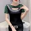 Women's T Shirts 2023 Summer Short Sleeved Women's T-Shirt Fashion O-Neck Black White Plaid Tops Hollow Out Drilling Female Tshirt