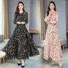Günlük Elbiseler Çiçek Uzun Kollu Şifon Elbise 2023 İlkbahar ve Yaz Baskı Moda Zarif Kadın Dantel Yukarı İnce Vestidos H278