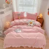 Conjuntos de cama Coreano Princesa Estilo Conjunto para Meninas Cor Sólida Requintado Ruffle Lace Rosa Cama Saia Duveta Capa Rainha Fronha