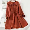 Casual Kleider Frauen Frühling Herbst Baumwolle Mischungen Kleid Schlanke Taille Einfarbig Weibliche Mode Petter Pan Kragen Ausgestellte Ärmel Große schaukel