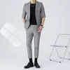 Costumes pour hommes Blazers (Veste Pantalon) Costume à manches mi-longues 2023 Été Hommes Haute qualité Mode Rayé 2 pièces Mariage Hôte Slim Tuxedo Blazer