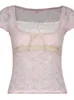 Женская футболка y2k розовая отделка для обрезки лук милый сладкая футболка Женская ретро -ретро с коротким рукавом кружев