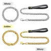 Dog Collars Leashes 304 Stainless Steel Chain Collar And Leash Super Strong Metal Choke Sier Gold Pet Lead Rope For Party Show Dro Dhy9B