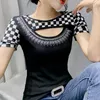 Women's T Shirts 2023 Summer Short Sleeved Women's T-Shirt Fashion O-Neck Black White Plaid Tops Hollow Out Drilling Female Tshirt