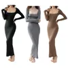 Casual Dresses Women Long Sleeves Dress Sexy Square Neck Soft Lounge Ribbed Bodycon