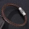 Bangle heren trendy armband sieraden bruin geweven lederen mannelijke armbanden vintage s.steel magnetische gesp casual polsband geschenken