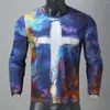 Men's T Shirts Autumn Tie-dye Cross Printe Shirt For Men Slim Casual O Neck Printed T-shirt Long Sleeve Plus Size Tshirt Top Camiseta Hombre