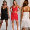 Casual Dresses Layered Fringe Dress Women Deep V-Neck Tassel Sleeveless Short Skirt Sexy Elegant Suspender