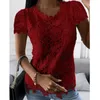 Dames t -shirt chique zomer elegant kanten splitsing shirt dames mode ronde nek solide kleur korte mouw top slank feest pullover ol tshirt 230130