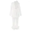 Zweiteilige Damen-Hosen, sexy Feder-Weiß-Set für Damen, langärmeliger Single-Button-Blazer und knöchellange Outfits, Anzug-Sets