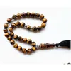 Urok bransoletki 10 mm Tiger Eye Stone Tassel wisiorek 33 Koraliki modlitewne Islamski muzułmański Różajski Różaniec dla kobiet mężczyzn 221028 Drop Dhtbq