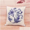 Cushion/Decorative Pillow Vintage Chinese Style Cushion Er Cotton Linen Blue And White Porcelain Case For Sofa Car Home Decorative P Dhftl