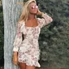 Casual Dresses Foridol Square Collar Floral Print Puff Sleeves Bodycon Dress Vintage Slim Draped Mini Vestidos Party Woman kläder