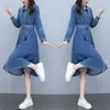 Casual Dresses Spring Autumn Women Dress Solid Sashes Slim Single Button Turn-Down Collar For Females Pocket Denim One-Piece