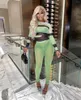 Pantaloni a due pezzi da donna Sexy Mesh 2 pezzi Club Outfit Donna See Through Verde fluorescente Clubwear Manica lunga O Collo Patchwork Top e