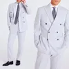 Two Pieces Wedding Tuxedos Men Suits White Gray Modern Formal Double Breasted Customized Fit Peaked Lapel Pockets Bridegroom Three Packets