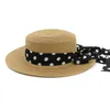Brede rand hoeden lente zomerse lady boot zon stip lint flat top stray strand vakantie hoed ronde panama cap voor vrouwen