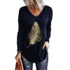Women's TShirt Fashion Feather Printed Casual VNeck Top Elegant Loose Hedging Long Sleeve Spring And Autumn Apparel 230110