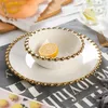 Platen Nordic Keramische Dinerbord Met Gouden Kralen Rand Ronde Dessert Voorgerecht Serveergerechten Soep Slakom Snack Container276u