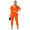 Calças de duas peças femininas Sexy Buffled Long Sets 2 Tracksuit Women V Crop Crop Top e bolsos de verão elegante escritório da senhora de roupas