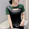 Women's T Shirts 2023 Summer Short Sleeved Women's T-Shirt Fashion O-Neck Black White Plaid Tops Hollow Out Drilling Female Tshirt