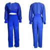 Women's Two Piece Pants Casual Pleated Loose Trousers Suit Solid Color Chiffon Sexy African Female Slim Long Sleeved Top Wide Leg Spring