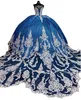 Royal Blue Princess Cathedral Train Quinceanera Dresses 2023 Gillter Pärled Applique Lace-Up Corset Vestidos de 15 Anos 2023