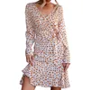 Abiti casual Vintage Dot Polka Print per le donne Vestidos Primavera manica lunga Sexy scollo a V Boho Beach Dress Ruffle A Line Mini Robe