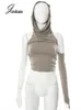 Women's TShirt Joskaa Brown Single Sleeve Off Shoulder Top Casual Slim Crop Tops Fashion T Shirt for Women Clothing Winter Sexy Streetwear 230110