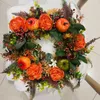 Decorative Flowers Fall Peony And Pumpkin Wreath Artificial Door Hanging Round Halloween Thanksgiving Garland For Front Festival Celebration