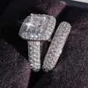 Bröllopsringar Princess Square Diamond Set Ringengagemangsmycken för kvinnor Anillos de Boda Para Mujer Alliances Femme