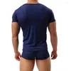 Undershirts Sexy Mens Mesh Breathable Short Sleeve T-shirts Slim Fitness Tops Boxer Shorts Underwear Men Clothes Set Sleepwear