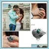 Anneaux de bande Turquoise Ring Vintage Tibetan Sier Indian Wind Pine Stone Wings Eagle Big Eye Green Drop Livrot Bijoux Dhd7d