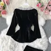 Dentelle pour femmes col rabattu velours tissu peplum haut et sirène midi jupe longue twinset 2 pièces robe costume SML